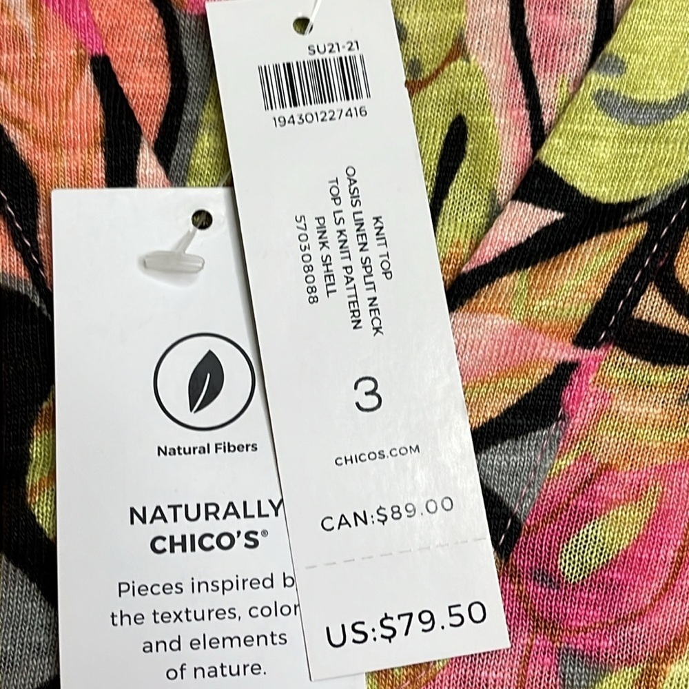 Chico's knit top oasis linen split neck pink shell long sleeve top NWT - Picture 4 of 13
